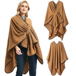 New Oc0045 European 2024 And American Women's Shawl Fashion Buckle Leather Edge Solid Color Split Acrylic Cape