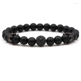 Strand 8mm Matte Black Stone Beads Bracelet Pave CZ 4 Colours Flower Crown And Ball For Women Men Elegant Jewellery 2023