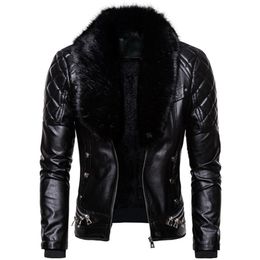 Men s Leather Faux Design Motorcycle Bomber Add Wool Jacket Men Autumn Turn Down Fur Collar Removable Slim Fit Male Warm Pu Coats 230922