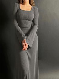 Basic Casual Dresse Long Sleeve Square Neck Slim Fit Dress Autumn Winter Solid Colour Knitted for Daily Street Black Grey Apricot 230921