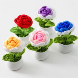 Decorative Flowers Knitting Flower Rose Mini Potted Wedding Decoration Hand-Woven Home Table Desktop Car Ornament Creative Crochet Bouquet