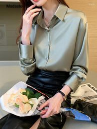 Women's Blouses Women Shirts Loose Lady Tops Workwear Solid White Green Top Faux Silk Casual Long Sleeve Woman And