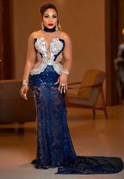 Evening Dresses Dark Navy Prom Party Gown Mermaid V-Neck Long Sleeve Sequined Lace Beaded New Custom Plus Size Zipper Lace Up Applique