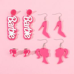 Sweet Stud Drop Earrings for Cool Spicy Girls Cute Design Hot Pink Acrylic Head High Heel Shoes Barbies Letter Party Jewelry Dangles Gifts Fashion Women Accessories