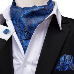 Neck Ties Hi-Tie Silk Mens Ascot Hanky Cufflinks Set Jacquard Paisley Floral Vintage Cravat Tie Wholesale for Male Wedding Business Gift 231013