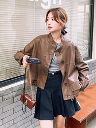 Women's Jackets 2023 Autumn Stand Collar Drawstring Button Short PU Leather Jacket Outerwear Streetwear Trendy HipHop Motorcycle Loose Coat