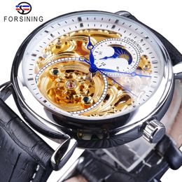 Forsining 2018 White Golden Open Work Watches Fashion Blue Hands Men's Automatic Watches Top Brand Luxury Black Genuine Leath314Z