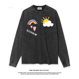 Autumn and Winter New Hand-painted American Rainbow Print Long Sleeve T-shirt Loose Cotton Round Neck Men's Women's Fashion Signc20y