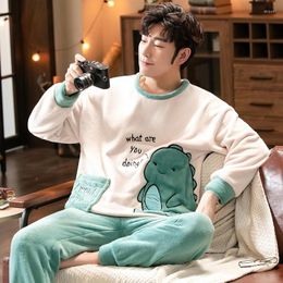 Men's Sleepwear Print Winter Long Sleeve Thick Warm Flannel Pyjama Sets For Men Coral Velvet Cartoon Pyjamas Homewear