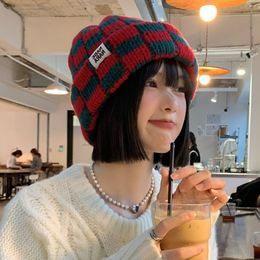 Beanie/Skull Caps Chessboard Plaid Knit Beanies for Women Winter Korean Ins Niche Big Head Circumference Pullover Hat Japanese Retro Men's Caps 230921