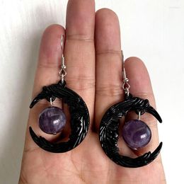 Dangle Earrings Occult Dark Goth Drop For Women Purple Crystal Crescent Moon Wizard Face Vintage Earring Jewellery Halloween Accessories