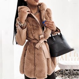 Women's Fur 2023 Winter Women Temperament Hooded Faux Coat Fashion Patchwork Leather Large Size With Belt Solid Colour Zipper Jacket