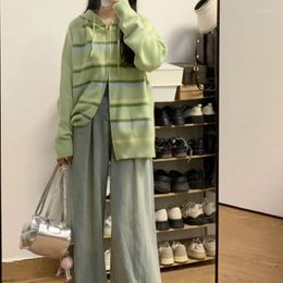 Women's Two Piece Pants Xgoth Green Striped Contrast Color Cardigan Lazy Style Hooded Sweater Coat Jacket Girly Wide Leg Straight Denim