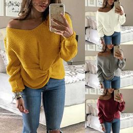 Women's Sweaters Womens Autumn Long Sleeve Knitted Sweaters Off Shoulder Solid Color V-Neck Pullover Tops Twist Cross Knotted Front Loose Jumper L230922