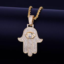 Iced Hand Pendant Necklace Steel Cuban Chain Gold Silver Color Cubic Zircon Men's Hip hop Jewelry For Gift276C