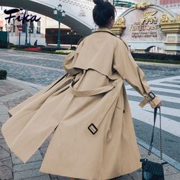 Women Blends Loose Retros Double Breasted Black Khaki Windbreaker Women Autumn Fashion Design Vintage Tunic Sashes Casual Long Coat 230922