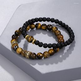 Strand 2pcs Black Matte Agates Bead Bracelets Men Fashion 8mm Natural Tiger Eye Beads CZ For Women Spiritual Jewelry