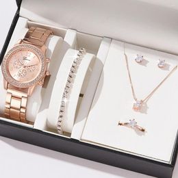 Armbanduhren Strass Uhr Set Edelstahl Schmuck mit Dekor Armband Ohrringe Halskette Ring Quarz zum Geburtstag