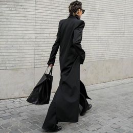 Women's Trench Coats Fashion Coat 2023 Retro Shoulder Pads Black Slim Extra Long Double Breasted Blazer