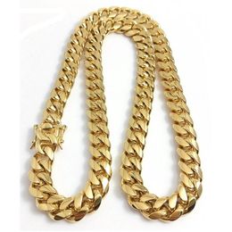 10mm 12mm 14mm Miami Cuban Link Chain Mens 14K Gold Plated Chains High Polished Punk Curb Stainless Steel Hip Hop Jewelry262E