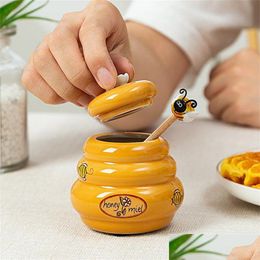 Storage Bottles Jars Ceramic Beehive Honey Pot And Wooden Dipper Mel Jar With Lid Stir Bar Supplies Kitchen Accessories 20220826 E Dhzp0