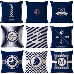 Wholesale Ocean Tool Ship Anchor Compass Sailboat Throw Pillow Cover with Zipper Linen Cushion Home Sofa Decor Supplies 45X45cm