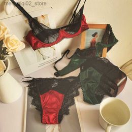 Bras Sets Sexy lingerie panty set with steel ring half cup gathered garter panties three-piece large size bralette satin retro bra set Q230922