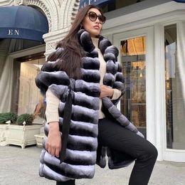 Womens Fur Faux 80cm Long Real Rex Rabbit Coats For Women Genuine Full Pelt Chinchilla Colour Jackets Stand Collar 230921