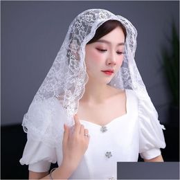 Bridal Veils Chapel Veil Mantilla Latin Mass Flower Embroidered Head Ering Lace Edge Scarf For Confirmation Baptism 2 Colors Drop Deli Dhlvn