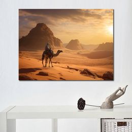 Desert Scenery People Camels Sunset Hd Picture Print on Canvas Poster for Living Room Decor