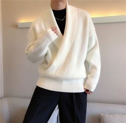 Mens Sweaters Korean Vintage Wrap V Neck Sweater Autumn Winter Warm Knitted Pullovers Casual Loose Solid Long Sleeve Streetwear 230922