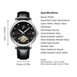 2021 TEVISE Mens Watches Moon phase Tourbillon Watch Casual Leather Sport Wristwatch Male Clock Relogio Masculino1856