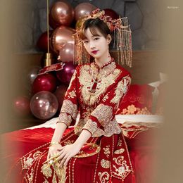 Ethnic Clothing Women Phoenix Embroidery Wedding Dress Cheongsam Elegant Bride Traditional Chinese Style Toast Tang Suit