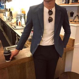 Men's Suits Navy Blue Men Jacket Fashion England Style Coat Notch Lapel Single Breasted Wedding Casual Linen Blazer Slim Fit 2023