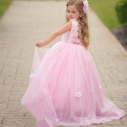 Girl Dresses Flower Girls Lovely Pink Sheer Neck Pearls Ball Gown Tiers Tulle Lilttle Kids Birthday Pageant Wedding Communion