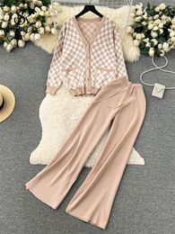Women's Two Piece Pants SINGREINY Korean Loose Knitted Suits Plaid Single Breasted Cardigan Elastic Waist Drawstring Long Autumn Pieces Sets