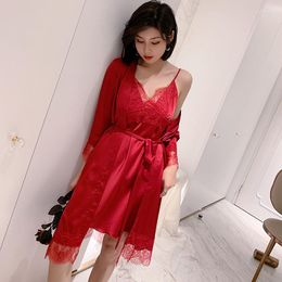 Women's Sleepwear Spring And Autumn Pyjamas Summer Ice Silk Sexy Set Long Sleeved Thin Red Korean Edition Nightgown Home Fury