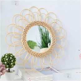 Mirrors Sun Shape Decorative Mirror Rattan Innovative Art Decoration Round Makeup Dressing Bathroom Wall Hanging 20220826 E3 Drop De Dhvcg