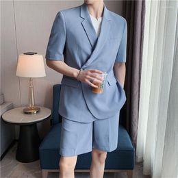Men's Suits (Jacket Pants) British Style Summer Thin Solid Short Sleeve Business Suit Sets Mens Brand Casual Slim Party Banquet Dress
