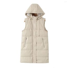 Women's Vests Autumn/Winter Sleeveless Jacket Hooded Mid Length PU Leather Vest Waterproof Long Puffer Coat Outerwear