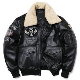 Men s Leather Faux Wool Collar Air Force Flight Jacket Natural Cowhide Genuine Coat Embroidery Jackets Fashion Motorcycle Cloth 230922