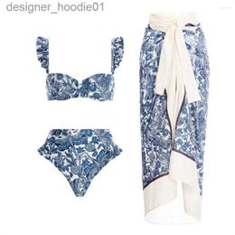 Women's Swimwear Women's Swimwear Designer 2023 Women Sexy Blue-and-white Porcelain Print Bikini Set Skirt Cover Up Lace Swimsuit Beachwear Biquini L230922