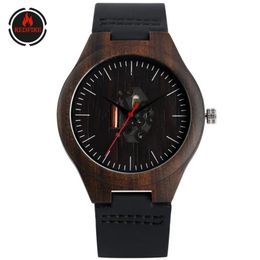 REDFIRE Irregular Engraving Hollow Dial Ebony Wood Watch Men Quartz Movement Black Genuine Leather Mens Wristwatch Pin Buckle260j