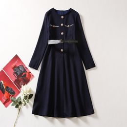 2023 Autumn Navy Blue Solid Colour Waist Belted Dress Long Sleeve Round Neck Double Pockets Knee-Length Casual Dresses A3S150910-05