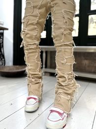 Mens Jeans Fashion Stretch Patch Y2K Patchwork Creative Tassels Decoration Straight Denim Trousers For Men Hip Hop Jean Pants 230922