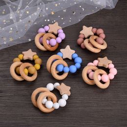 Baby Silicone Wooden Pentagram Beaded Bracelets Rattles Toys Beech Wood Round Ring Pendant For Baby Nursing Teething Chew Toy