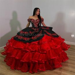 Vintage Mexican Style Charro Quinceanera Dresses 2023 Organza Ruffles Flowers Beaded Puffy Birthday Swet 15 Year Dress Gothic Vestidos Debutantes Masquerade