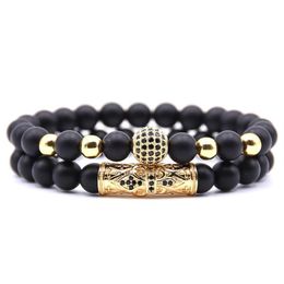 Quality Men Set Bracelet Fashion Men Homme Jewelry 8MM Natural Stone Gold Black Micro-inlaid Zircon CZ Ball Beaded Bracelets290L