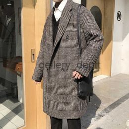 Men's Wool Blends LEGIBLE Men's Coat Casual Loose Long Winter Jackets Man Turn Down Collar Plaid Wool Coats Men J230922