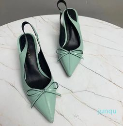 pointed sandals high quality leather medium heeled shoes Bow decorated ankle elastic leather strap sandal seaside slide
